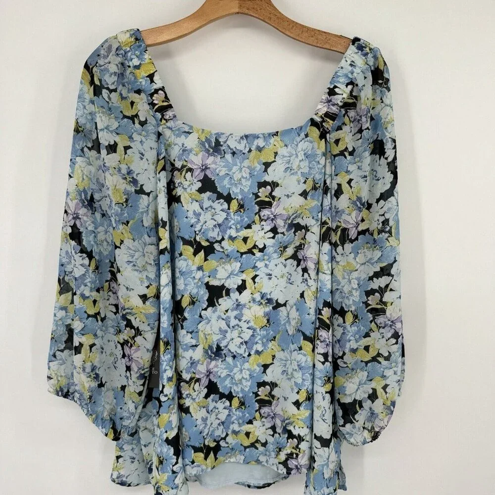 Vince Camuto Womens V Neck Balloon Sleeve Floral Blouse Plus Size 2X New